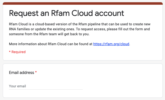 Rfam Cloud sign up form